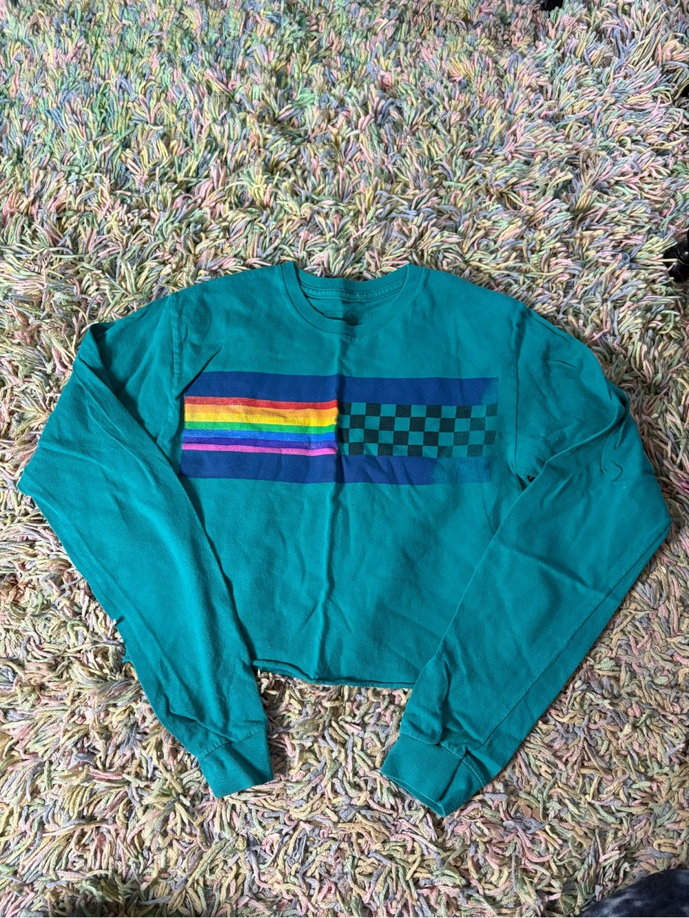 Teal Long-Sleeve cropped Tee with Rainbow Stripe and Checker Panel